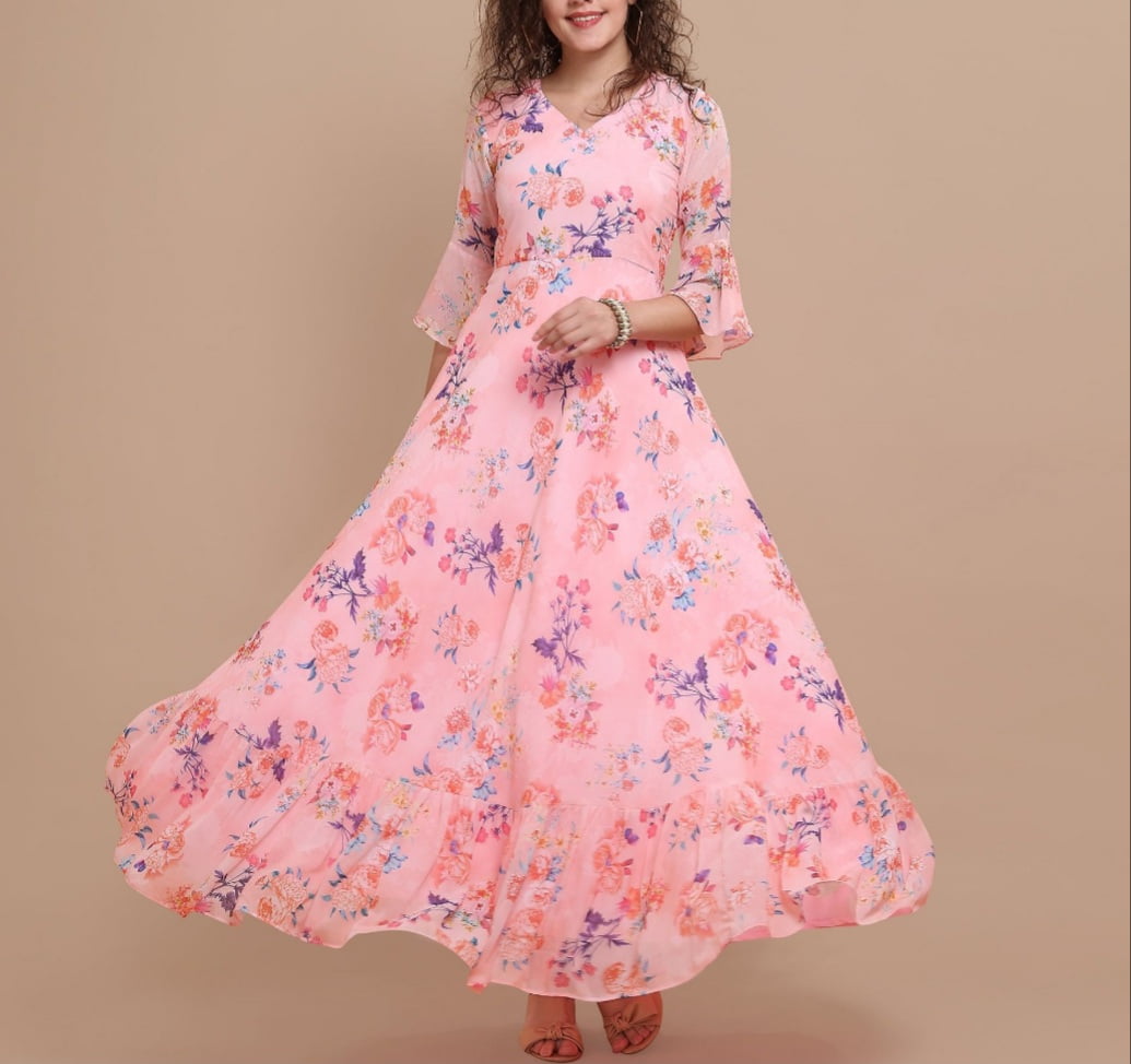 Women's Premium Readymade Flower Print Faux Georgette Designer Gown Wi –  akr94glamour.com
